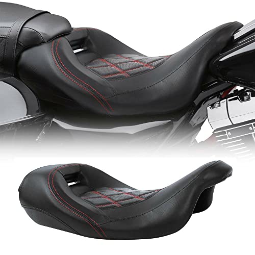 TCT-MOTORPARTS Low-Profile Driver Seat Front Solo Seat Fits for Harley Touring 2009-2023 Electra Street Road Glide CVO Road King Red Stitching - color: Driver Seat Red