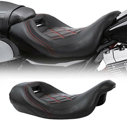TCT-MOTORPARTS Low-Profile Driver Seat Front Solo Seat Fits for Harley Touring 2009-2023 Electra Street Road Glide CVO Road King Red Stitching - color: Driver Seat Red