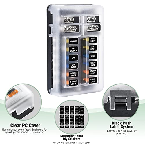12-Way Marine Fuse Block,Waterproof 12v Fuse Block with LED Indicator for 12V/24V Automotive Golf Cart Truck Car Boat Marine RV Motorcycle - style: 12-Way
