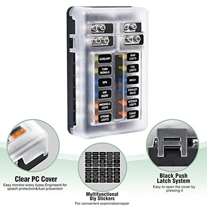 12-Way Marine Fuse Block,Waterproof 12v Fuse Block with LED Indicator for 12V/24V Automotive Golf Cart Truck Car Boat Marine RV Motorcycle - style: 12-Way