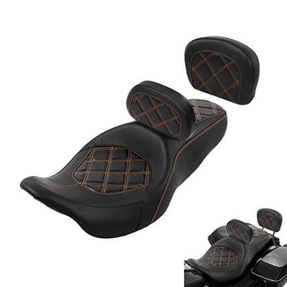 C.C. RIDER Classic Seat Backrest Pad - Driver Sissy Bar fit for Harley Davidson Touring Road King Street Glide Electra Glide Road Glide 2009-2023 - color: Seat + Driver Pad + Passenger Pad Black Orange