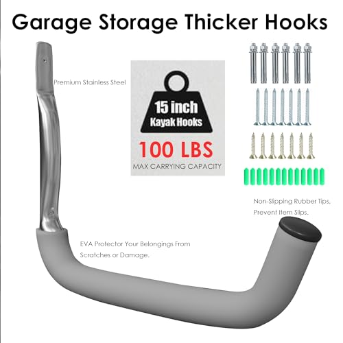 Garage Hooks 6 Pack 15" Stainless Steel, 100LB Heavy Duty Kayak Storage Rack Kayak Wall Mount, Kayak Hanger & Kayak Storage Hooks for Kayak/Bike/Ladder with EVA Anti-Scratch Pads Indoor Organizer