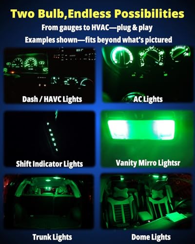 WLJH 40 Pack T10 & T5 LED Bulbs With Sockets, 194/168/W5W/2721/74, Non-Polarity, Dimmable, for Interior Instrument Cluster, Dome, Map, Vanity Mirror, Glove Box,License Plate Lights, 300 LM Green - color: Green