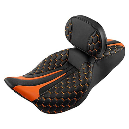 C.C. RIDER Motorcycle Seat Driver Passenger Touring Seat with Backrests for Harley Davison Electra Glide Classic Street Glide Road Glide 2009-2023 - color: Black Orange Seat + Rider Backrest