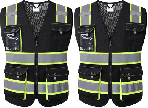 JKSafety Hi Vis Reflective Safety Vests for Men Women High Visibility Vest with Pockets Mesh Fabric Construction Safety Apparel Neon Vest for Work (220-Black L) (Pack of 2) - color: Jk220-black, size: Large (Pack of 2)