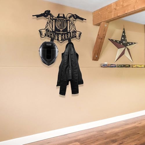 Personalized Metal Motorcycle Wall Hanger – Custom “Your Name Garage” Helmet and Jacket Rack – Handmade Black Steel Wall Art for Bikers and Motorcycle Lovers (89X60cm/35X23 Inches) - size: 89X60cm/35X23 Inches