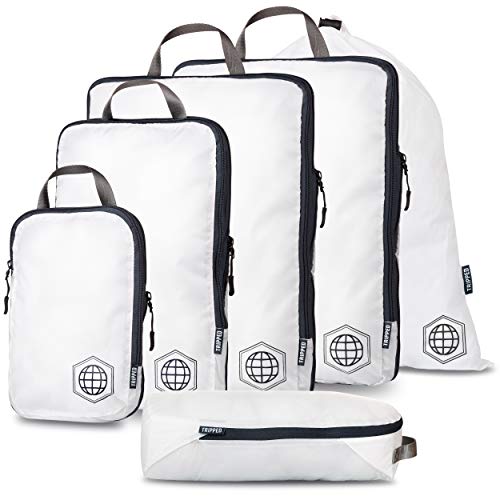 Extra Large Compression Packing Cube 6 Piece Set for Travel and Check Luggage by TRIPPED Travel Gear - color: White and Grey