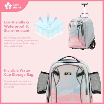 NEW TILAMI 20" Rolling Backpack for Teens Adults, Climbing Stairs Waterproof Backpack with Wheels for School Business Trave Camping with Laptop Compartment, Fit 17 Inch Laptop, Pink Dawn - color: Pink Dawn