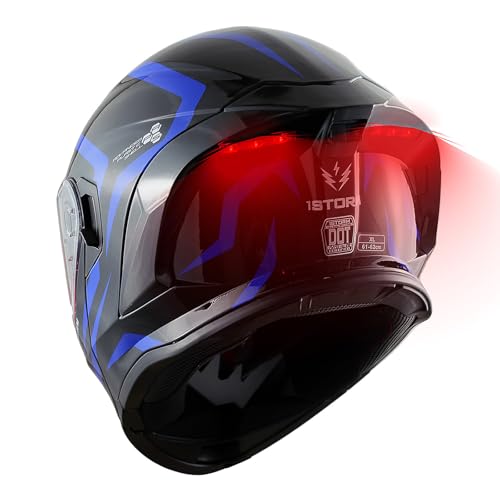 1Storm New Motorcycle Bike Modular Full Face Helmet Dual Visor Sun Shield with Rechargeable LED Tail Light: LED-X90 Arrow Blue - color: Arrow Blue LED Light, size: Large