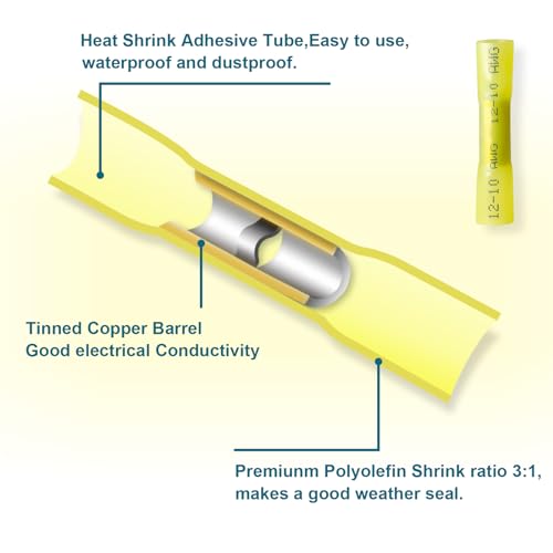 60PCS Heat Shrink Butt Connectors, Insulated Waterproof Butt Connectors 12-10 AWG for Wiring, Marine, Automotive (Yellow) - size: 12-10 AWG (60 pcs)