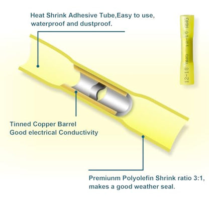 60PCS Heat Shrink Butt Connectors, Insulated Waterproof Butt Connectors 12-10 AWG for Wiring, Marine, Automotive (Yellow) - size: 12-10 AWG (60 pcs)