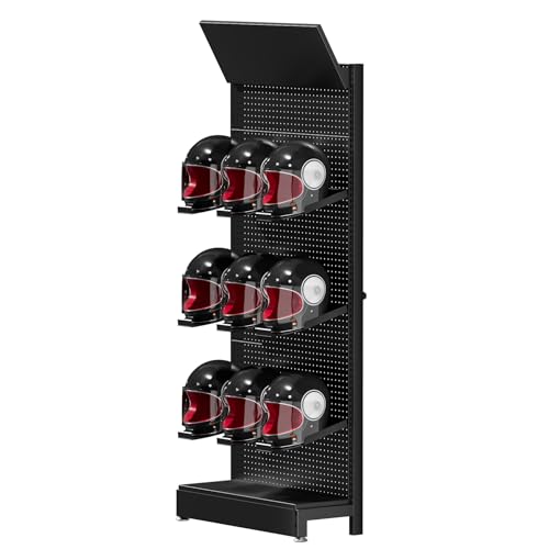 Motorcycle Helmet Holder Pegboard Display Stand - Helmet Hanger Wall Mount with Anti-Slip Edge with 30 Hooks for Garage Motorcycle Helmets,Football,Bicycle Helmet,Hat,Cap (with 10pcs Helmet Holder) - size: Double-sided Pegboard Shelf + 6*Helmet Holder