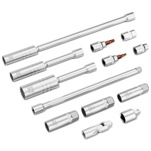 3/8" Drive Spark Plug Socket Set, 13Pcs SAE & Metric 5/8" x 12", 5/8" x 6", 13/16" x 6", 14mm, 16mm, 5/8", 12 Point, Swivel Magnetic Spark Plug Removal Tool for Cars and Motorcycles - size: 13Pcs