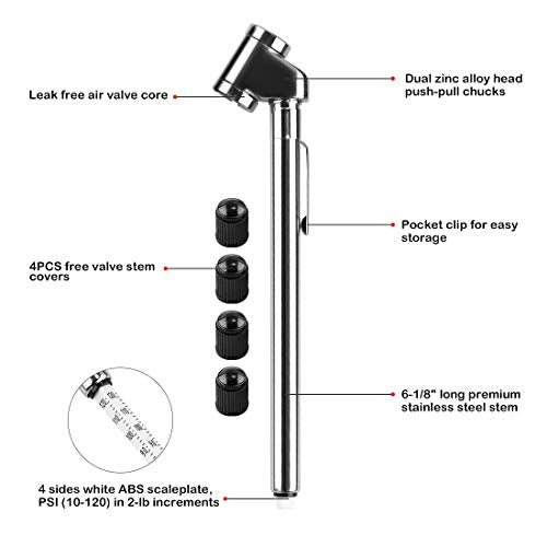 CZC AUTO Pencil Tire Pressure Gauge, Dual Head Trucks Air Gage, Accurate Mechanical Dually Chuck Wheel Service Checker, Stainless Steel Stem for Car RV ATV Motorcycle Bike, 10-120PSI (Silver, 2 Pack)