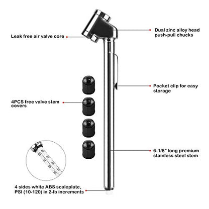 CZC AUTO Pencil Tire Pressure Gauge, Dual Head Trucks Air Gage, Accurate Mechanical Dually Chuck Wheel Service Checker, Stainless Steel Stem for Car RV ATV Motorcycle Bike, 10-120PSI (Silver, 2 Pack)
