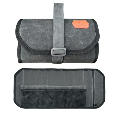 Roaring Fire Pioneer Mini Tool Roll Bag - Waxed Canvas Roll Up Pouch, YKK Zipper, 4 Mesh & 8 Elastic Loops for Wrenches, Survival, EDC - Gift for Dad