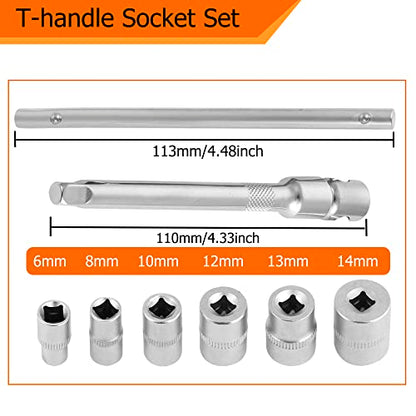 Folding Mini T-Handle Socket Set 1/4'' Drive Tool Kit for Motorcycle ATV UTV, (007)