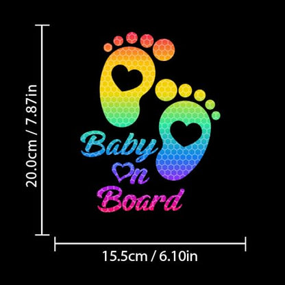High Intensity Reflective Baby on Board Car Sticker Waterproof Cute Footprint Baby in Car Decal Safety Warning Sign Kids on Board Decal for Car Bumper Window (Rainbow) - color: Rainbow