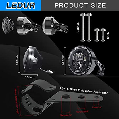 LEDUR 7 Inch LED Motorcycle Headlight DOT Approved High Low Beam Round Headlamp with Housing Bucket Mount Brackets fit 34mm~42mm O.D. Fork, for Street Tracker Scrambler Cafe Racer Chopper Bobber - size: C2 7In HI/LOW Motorcycle Headlight