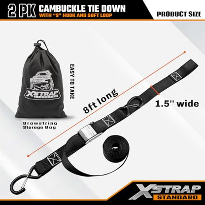 XSTRAP STANDARD Motorcycle Tie Down Straps (2 Pack) 3,000lb Break Strength, 1.5 in X 8FT Heavy-Duty Cambuckle Tie Down Set with S Hook and Soft Loops, Black - color: Black