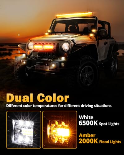 Auxbeam 6 Modes Amber White Series Flush Mount Strobe Lights 5 Inch 72W LED Pods Spot Flood Combo Flashing/Warning Multi-Function Offroad Lighting Bumper Grille Mount, Pair - color: 5" Flush Mount