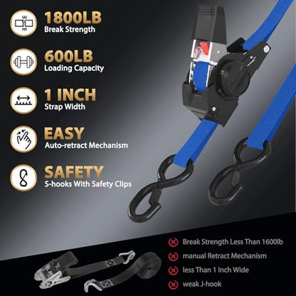 10FT Retractable Ratchet Straps(4-Pack) - 1 Inch (1800 LB Break Strength) Heavy Duty Self Retracting Ratchet Straps with Soft Loops & Storage Bag for Household, Motorcycle, Truck, ATV(Blue) - style: Blue-4 Pack