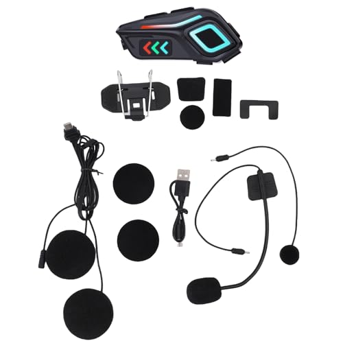 Bewinner Motorcycle Bluetooth Communication Headset, Wireless Motorcycle Earphone with Color Ambient Lights, Noise Cancellation Microphone, IP65