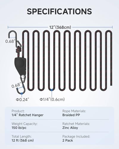 Fondwell 1/4" Tie Downs Ratchet Straps: 2 Pack of Adjustable Grow Light Rope Hangers - Mini Ratchet Straps for Various Hanging and Strapping - size: 1/4" 2-Pack