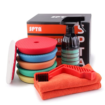 SPTA 10 Pcs Detailing Set, 5Pc 5 inch Buffing Polishing Pads, 1 Microfiber Finish Pad, 1-16 oz Polishing Cleaner, 1 Conditioning Brush, 2-16"*16" Microfiber Towel. for Dual Action and Rotary Polishers - size: 5inch (125mm)