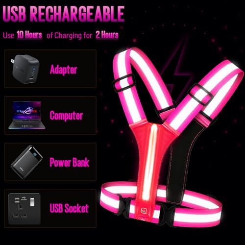 LED Rechargeable Reflective Vest with 11hrs Runtime, Light Up Safety Gear for Night Running Walking Cycling, USB Rechargeable - color: Pink