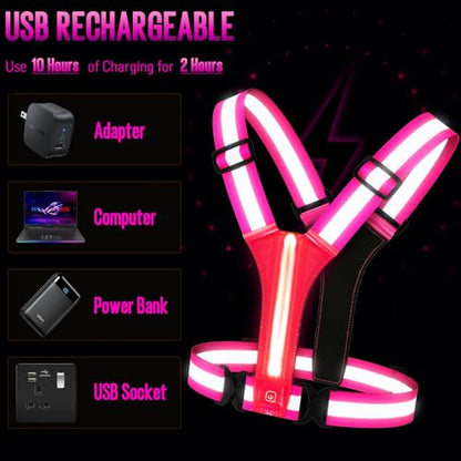 LED Rechargeable Reflective Vest with 11hrs Runtime, Light Up Safety Gear for Night Running Walking Cycling, USB Rechargeable - color: Pink