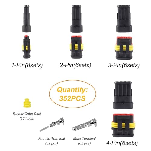 352Pcs Waterproof Connector Car Electrical Connector Terminals Quick Disconnect Wire Connector Plug Kit, 1/2/3/4 Pin Connectors Male and Female for Cars Motorcycles, Boats- 22-16 AWG