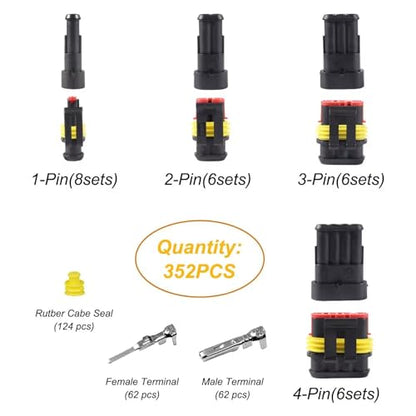 352Pcs Waterproof Connector Car Electrical Connector Terminals Quick Disconnect Wire Connector Plug Kit, 1/2/3/4 Pin Connectors Male and Female for Cars Motorcycles, Boats- 22-16 AWG