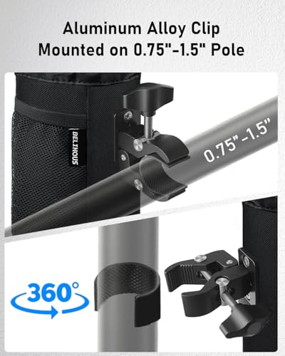 Belinous Motorcycle Cup Holder with 0.75"-1.5" Alligator Clamp, Drink Holder up to 32oz with Mesh Pockets, Universal Water Bottle Holder for Motorcycle, Bicycle, ATV, Wheelchair, e-Bike, Boat (Black) - size: Large