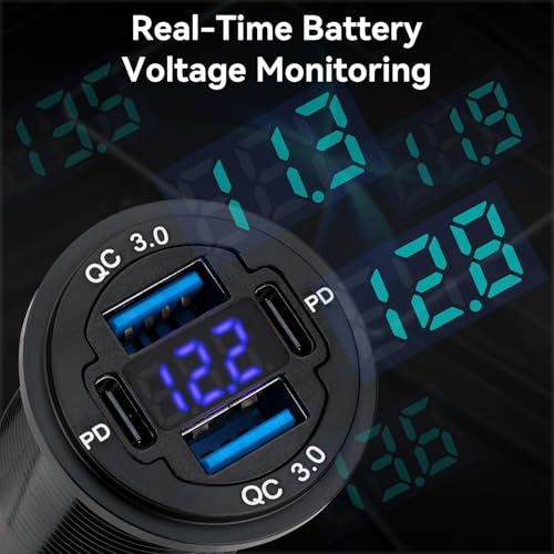 2 Pack 12V USB Outlet 4-Port, 78W Dual PD30W & QC3.0 Fast Charger, Waterproof Aluminum Alloy 12v Power Outlet with Blue Voltmeter for Cars RVs Boats Golf Carts Trucks Motorcycles - size: 2 pack