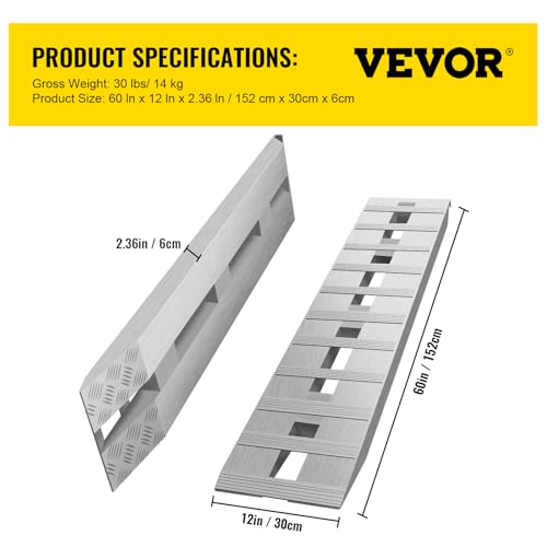 VEVOR Aluminum Ramps, 6000 lbs, Heavy-Duty Ramps with Top Hook Attaching End, Universal Loading Ramp for Motorcycle, Tractor, ATV/UTV, Trucks, Lawn Mower, 60" L x 12" W, 2Pcs - size: 6000lbs