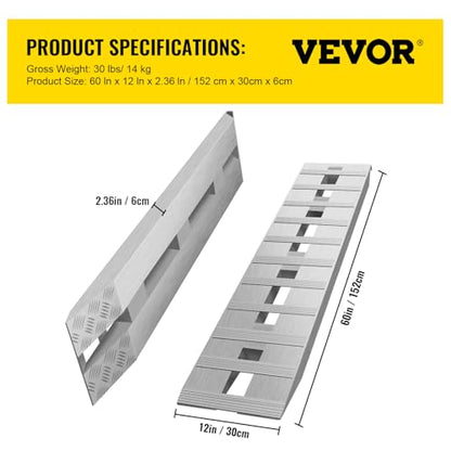 VEVOR Aluminum Ramps, 6000 lbs, Heavy-Duty Ramps with Top Hook Attaching End, Universal Loading Ramp for Motorcycle, Tractor, ATV/UTV, Trucks, Lawn Mower, 60" L x 12" W, 2Pcs - size: 6000lbs