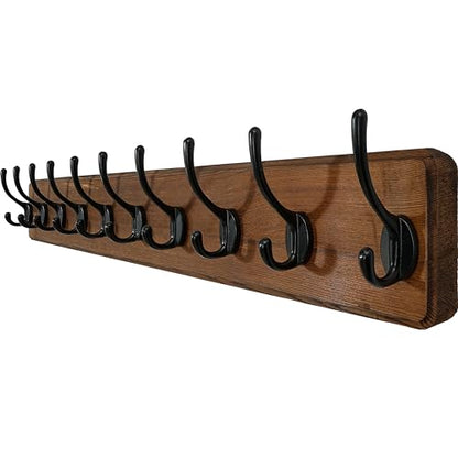 WEBI Rustic Coat Rack Wall Mount,10 Hooks,38 9/16" Long Coat Hooks Wall Mounted,16’’ Hole to Hole,Wood Coat Hanger Wall,Hook Rack Hooks for Hanging Coats,Jacket,Clothes,Hats,Brown - color: Brown Wood/Black Hook, size: 38.2 Inch-10 Hooks