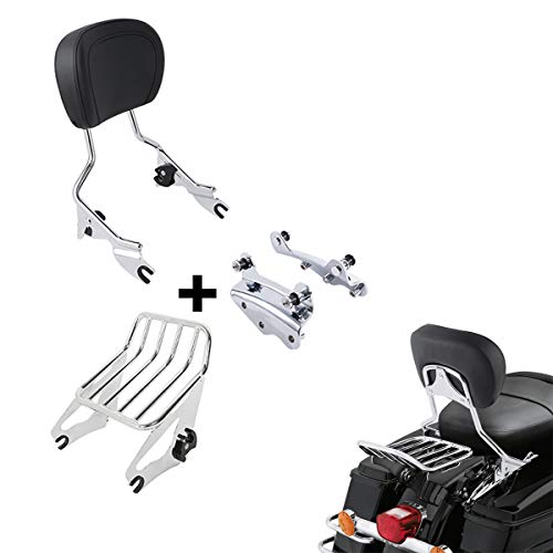 XFMT Detachable Sissy Bar Passenger Backrest Pad W/Luggage Rack & 4-Point Docking Hardware Kits Fit For Harley Touring Road King Street Glide Road Glide Electra Glide 2009-2013, Chrome - color: Chrome Curves Luggage Rack, size: For Harley Touring 2009-201