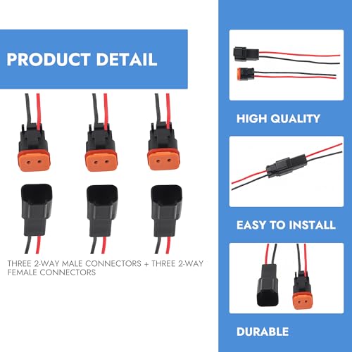 2 Pin DT Connectors Waterproof with 14 AWG Electrical Cable Wire Male Female Waterproof Plug Socket Quick Disconnect Plug for Car Truck Motorcycle Marine Boat and Other Wire Connection- 3 Pack