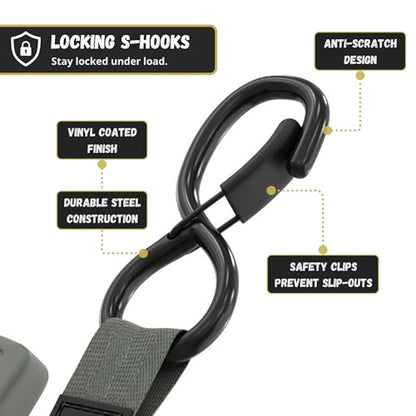 JACO Retractable Ratchet Straps - 1 in x 15 ft (2-Pack) (1,760lbs Break Strength) | Auto Self Retracting Cargo Tie Down Strap Set (Gray) - color: Gray, size: 2-Pack