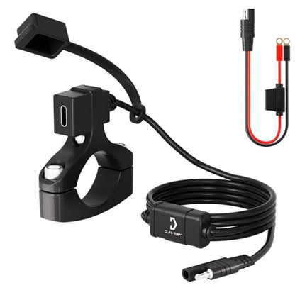 Cliff Top Waterproof Motorcycle USB Charger, 18W PD USB-C Fast Charging, SAE to USB-C Adapter, USB Port with 22–32mm Handlebar Mount for Motorcycle, Scooter, ATV, Phone Devices, Vertical