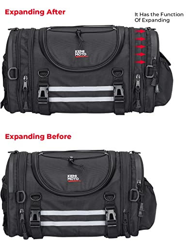 KEMIMOTO Motorcycle Tail Bags 18-20L Expandable Sissy Bar Bag Water-Resistant Rear Seat Roll Luggage Hard Shape with Rain Cover & 4 Straps