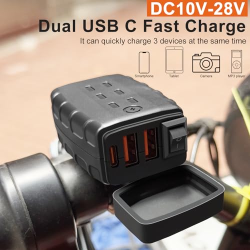 Waterproof Motorcycle USB Charger with 3 Ports, 36W Universal Fit SAE to USB Fast Charging Adapter with ON Off Switch