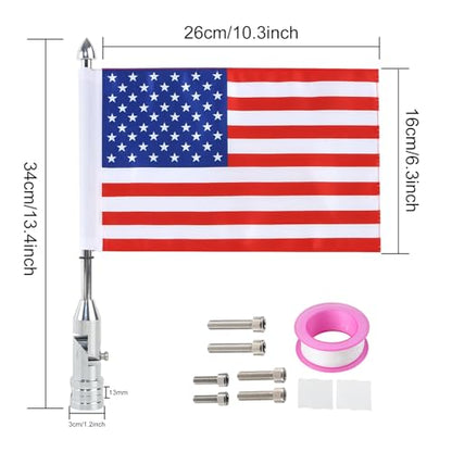 Fold Down Motorcycle Flag Mount ＆ 6 by10 Inches Red Line Motorcycle US Flag for Harley Road King Touring Spring Honda Goldwing fit 1/2 Luggage Rack Chrome Motorcycle Flag Pole