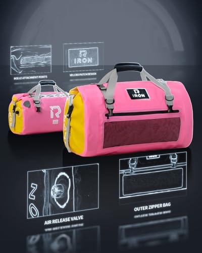 IRON JIA'S Motorcycle Dry Bag - Waterproof Duffle & Luggage Tail Bag Saddle Bags with Roll Top Closure, Shoulder Straps, Inner Pocket and Mesh Pocket (Pink, 50L) - color: Pink, size: 50L