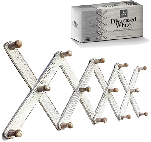Expandable Wooden Coat Rack Hanger – Accordion Wall Mounted Pine Wood Hooks – Hand Made Vintage Expending Pegs – Hang Coat, Jacket, Hat, Leash, Towel, Mug, Bag – Distressed White - color: Distressed White (Rustic Style), size: 14 Hooks - Regular Size