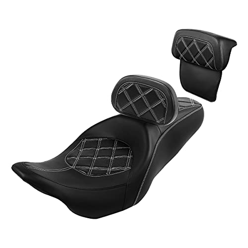 C.C. RIDER Classic Seat Backrest Pad - Driver Seat Rider Sissy Bar Passenger Backrest Pad Kit fit for Harley Davidson Touring Road King Street Glide Electra Glide Road Glide 2014-2023 - color: Seat + Driver + Passenger Sissy Bar Black White
