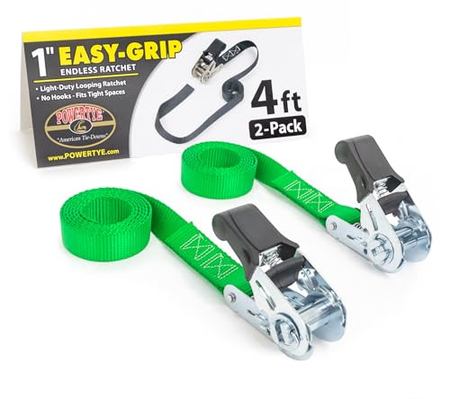 PowerTye - Endless Ratchet Strap - 1in x 4ft Easy Grip (Hookless), Tie Down Strap w/ 400 lb. Working Load Limit / 1,200 lb. Break Strength, Ideal for Motorcycle, ATV, Bike, & Coolers, Green 2-Pack - color: Green, size: 1in x 4ft