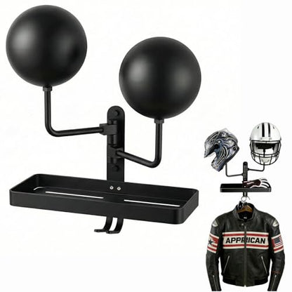 Double Helmet Wall Mount with Storage Tray and Hook, Metal Helmet Stand Rack Display Dual Helmet Organizer for Motorcycle Bicycle ATV Helmet Cowboy Hat Holder Football Helmets Gifts